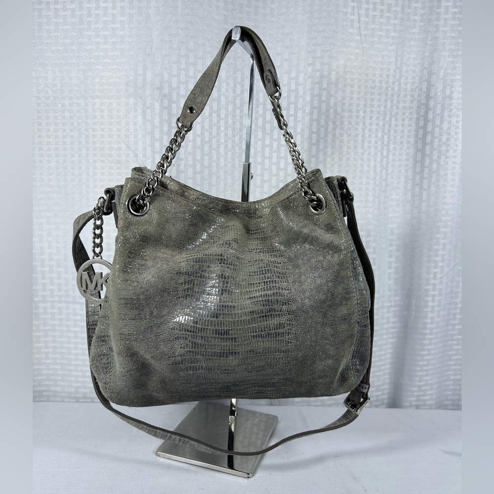 4257: Michael Kors Hamilton Lizard Embossed Leather Shoulder Bag Gray - Picture 1 of 14
